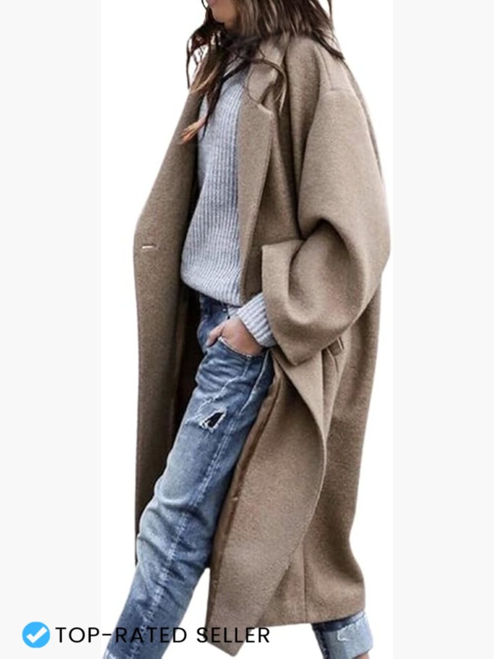 Oversized Notched Collar Wool Blend Midi Trench Coat Loose Fit Chic Fall